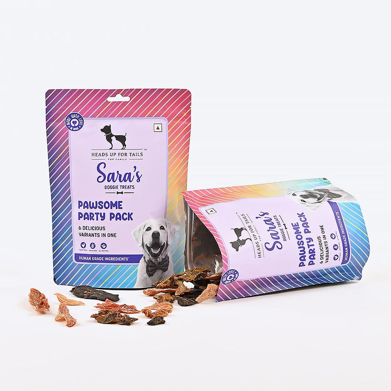 Sara's Doggie Treats Pawsome Party Pack, 200 gm, features 6 delicious variants for dogs, with a colorful packaging design.