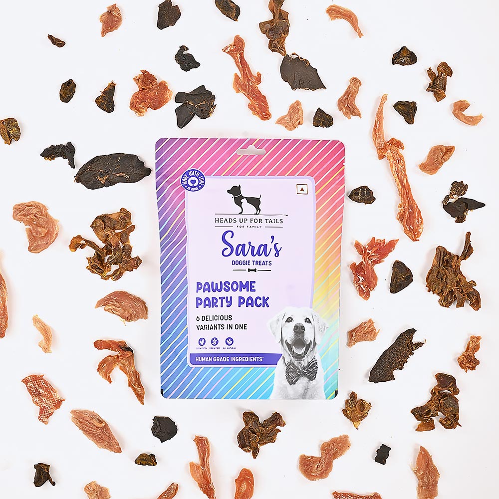 Sara's Doggie Treats Pawsome Party Pack, 200 gm, features 6 delicious variants for dogs, with a colorful packaging design.