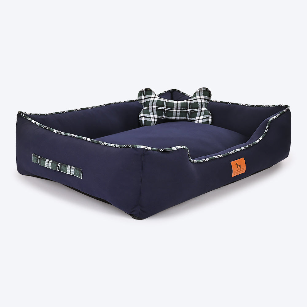 HUFT Classic Checks Lounger Dog Bed - Navy and Green - Heads Up For Tails