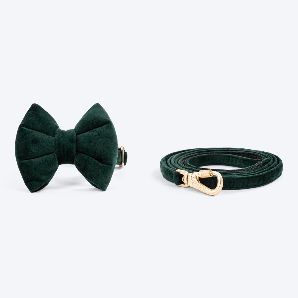 HUFT Emerald Royale Velvet Collar with Bow Tie & Leash Combo Set For Dogs - Green - Heads Up For Tails