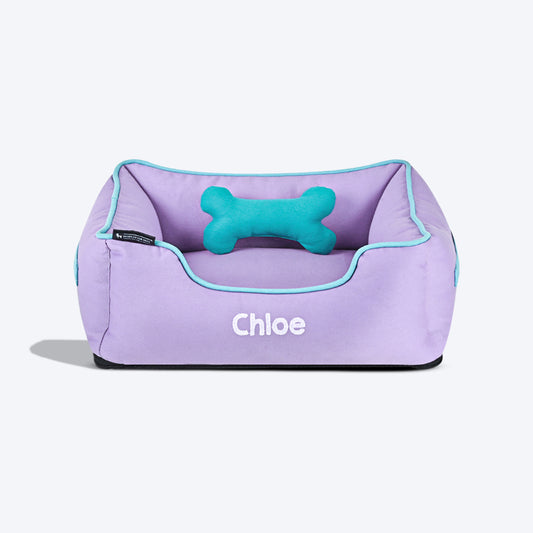 HUFT Personalised Lounger Dog Bed (Free Bone Cushion) - Lilac with Turquoise Piping_01