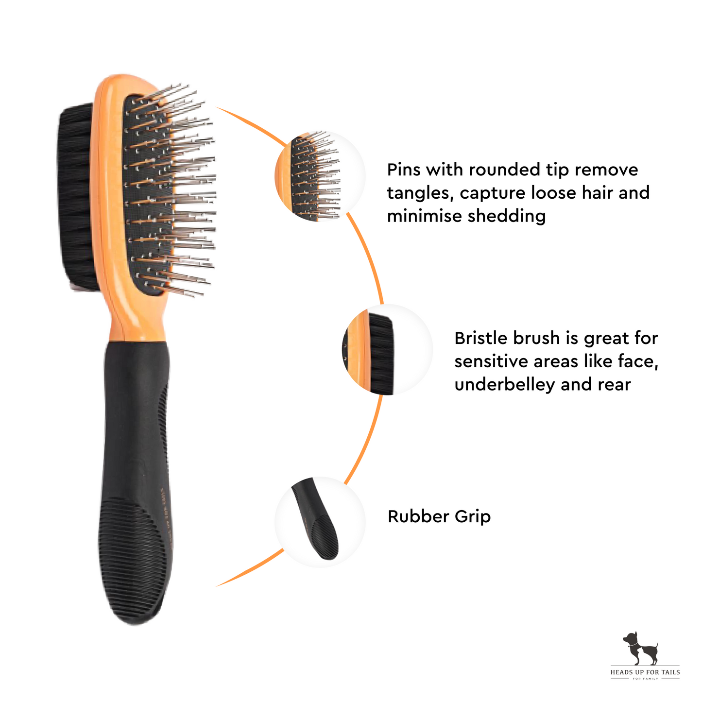 HUFT Double Sided Brush for Dogs & Cats - Orange - Heads Up For Tails