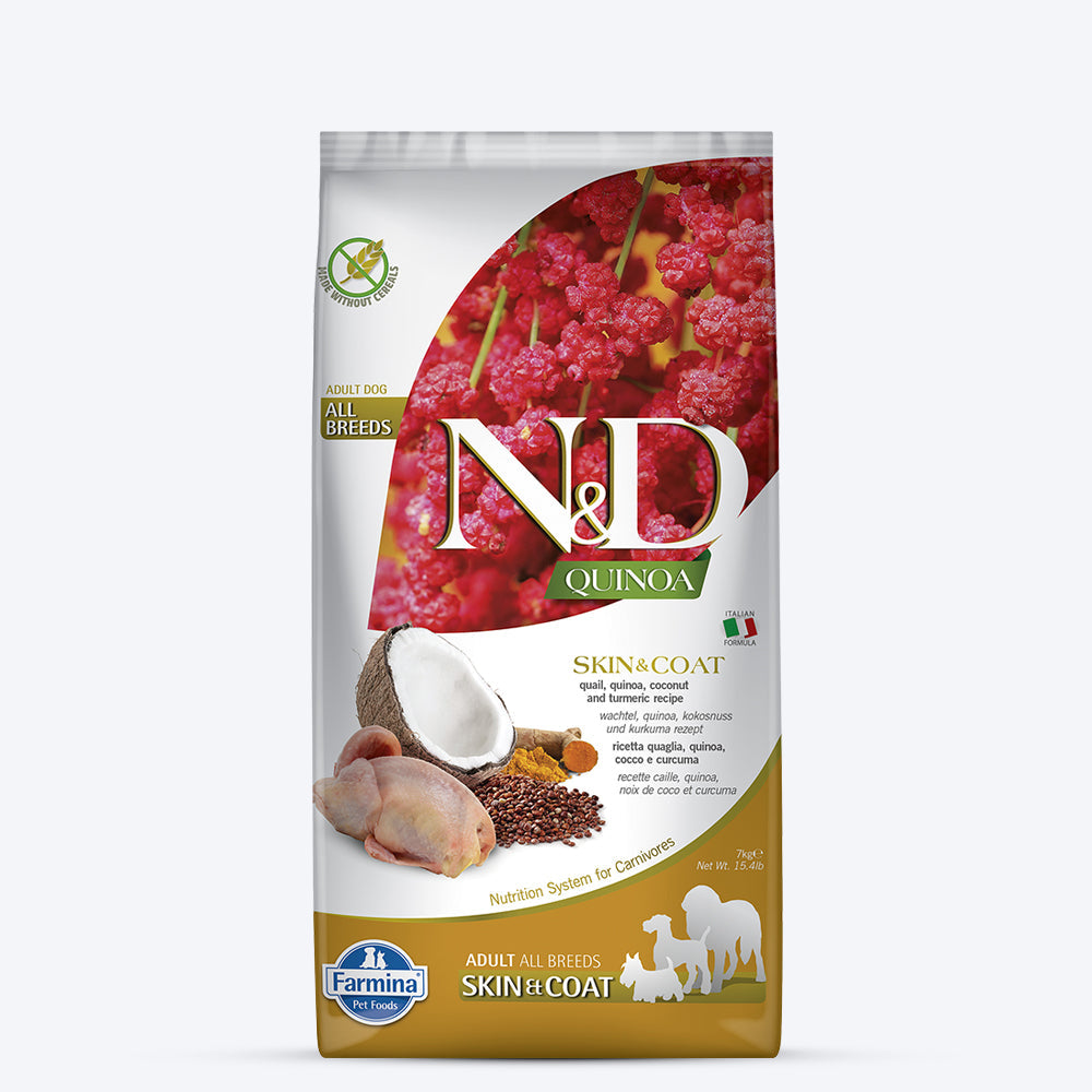 Farmina N&D Quinoa (Skin & Coat) Quail & Coconut all Breed , Grain-Free, Adult Dry Dog Food - Heads Up For Tails