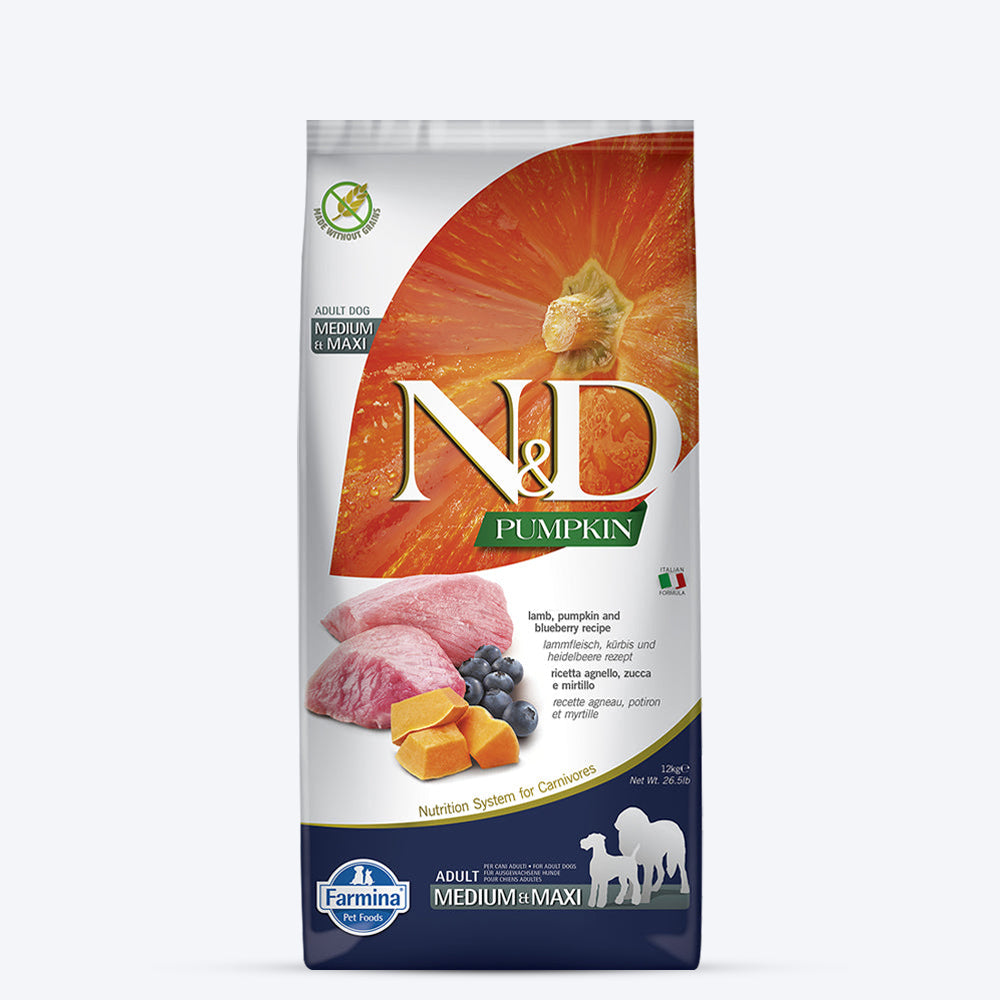 Farmina N&D Pumpkin Lamb & Blueberry Grain Free Medium & Maxi Breed Adult Dry Dog Food-01