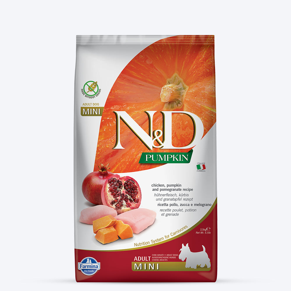 Farmina N&D Pumpkin Chicken & Pomegranate Grain Free Mini Breed Adult Dry Dog Food - Heads Up For Tails