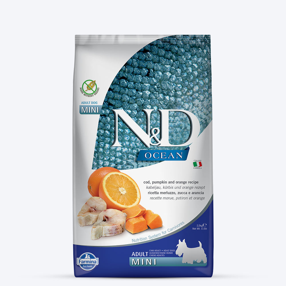 Farmina N&D Pumpkin Codfish & Orange Grain Free Adult Mini Breed Dry Dog Food - Heads Up For Tails