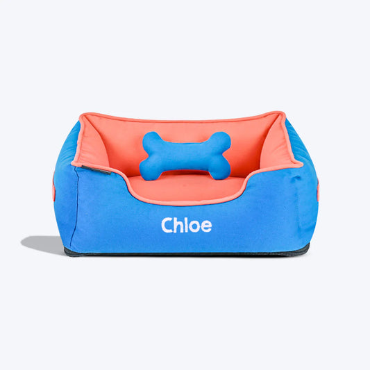 HUFT Personalised Lounger Dog Bed (Free Bone Cushion) - Imperial Blue With Coral_01