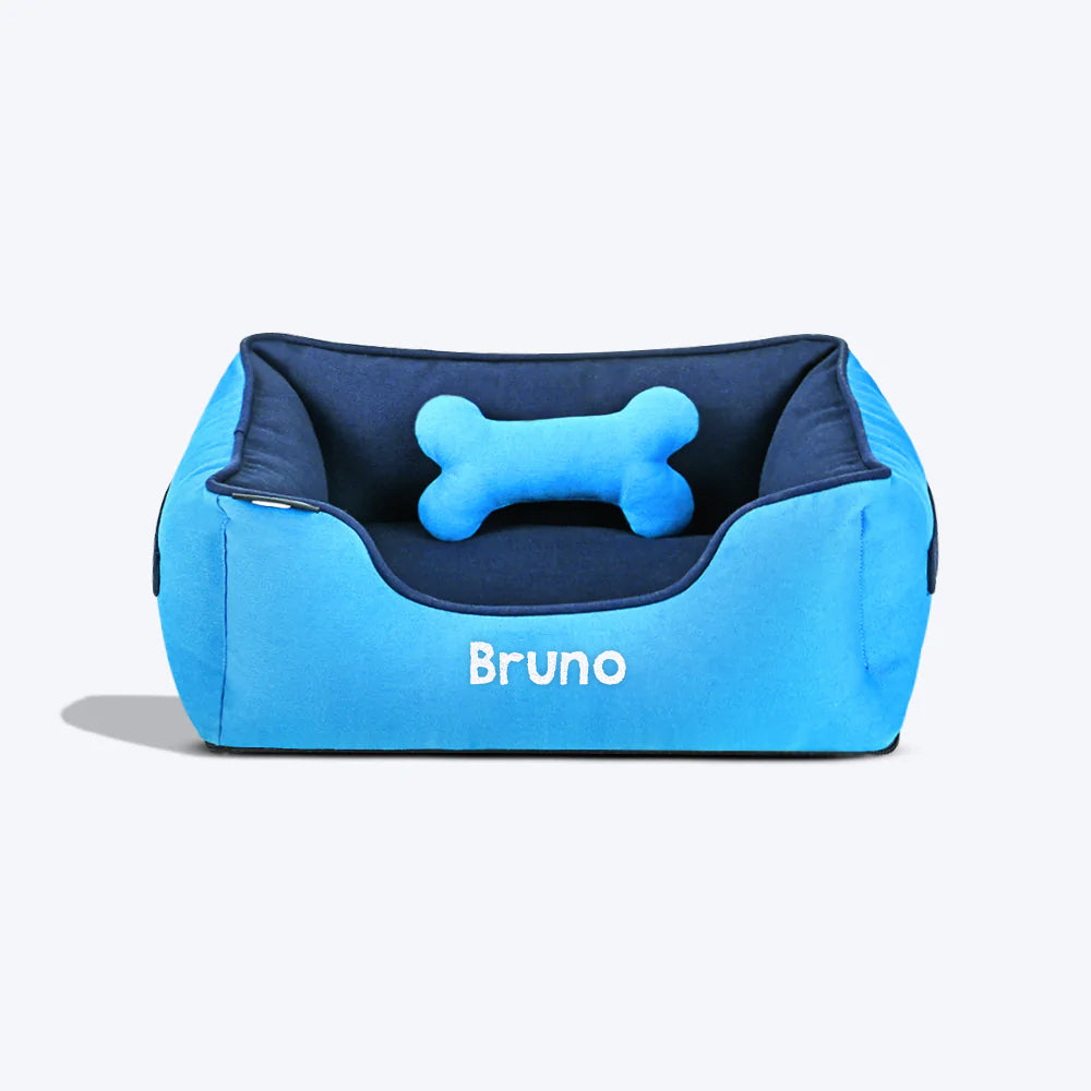 HUFT Personalised Lounger Dog Bed (Free Bone Cushion) - Imperial Blue With Navy_01