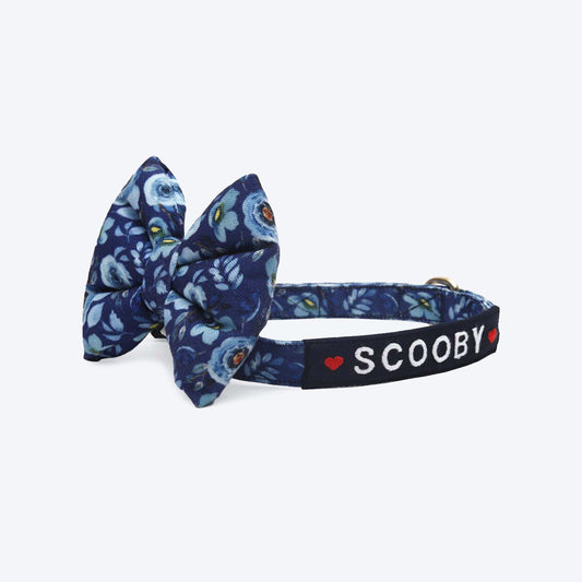HUFT Personalised Marine Blue Fabric Collar For Dogs With Free Bow Tie - Heads Up For Tails