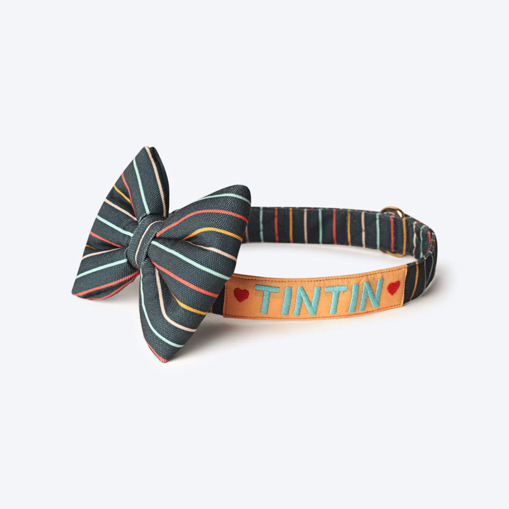 HUFT Personalised Sunny Stripes Fabric Collar With Free Bow Tie For Dogs-1