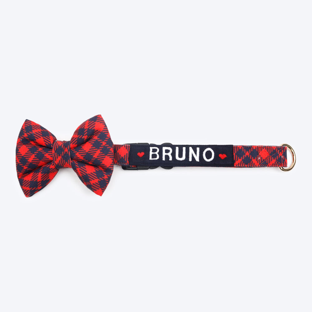 HUFT Personalised Tartan Fabric Collar With Free Bow Tie For Dogs - Heads Up For Tails