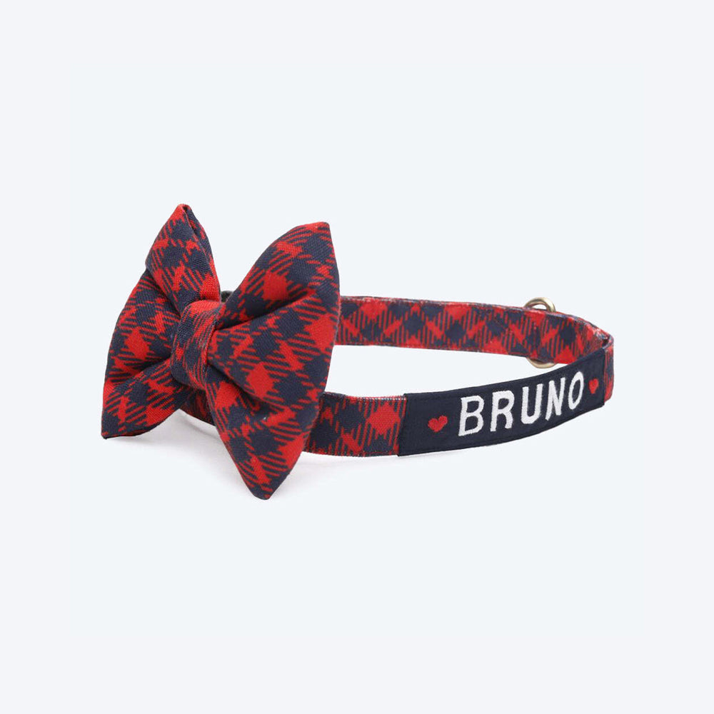 HUFT Personalised Tartan Fabric Collar With Free Bow Tie For Dogs - Heads Up For Tails