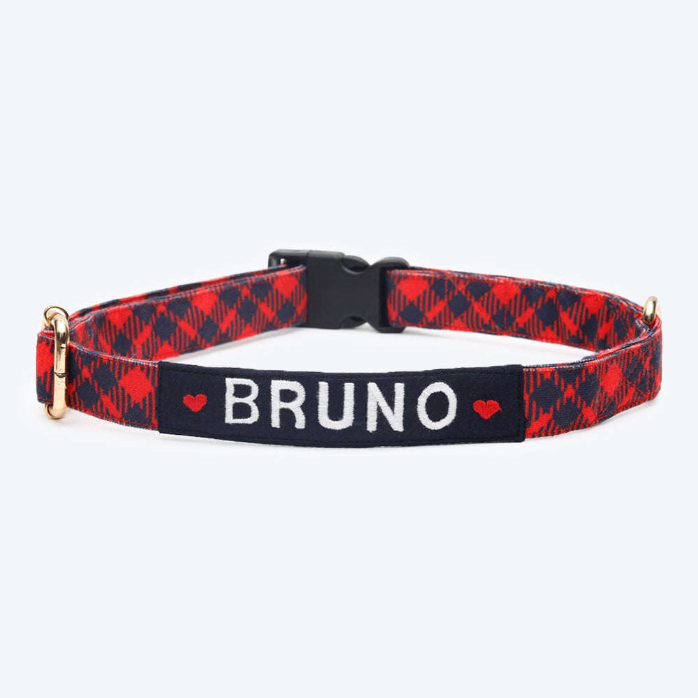 HUFT Personalised Tartan Fabric Collar With Free Bow Tie For Dogs - Heads Up For Tails