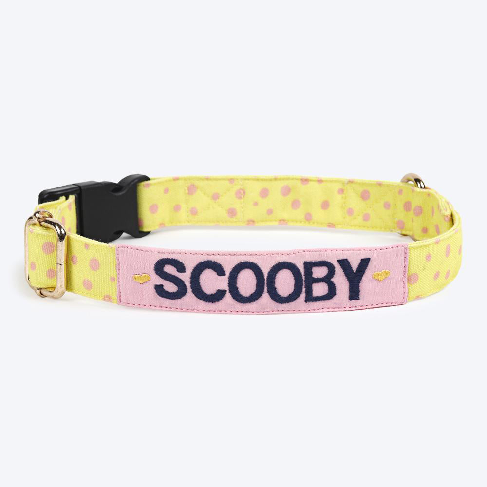 HUFT Personalised Yellow Polka Splash Fabric Collar With Free Bow Tie For Dogs-4