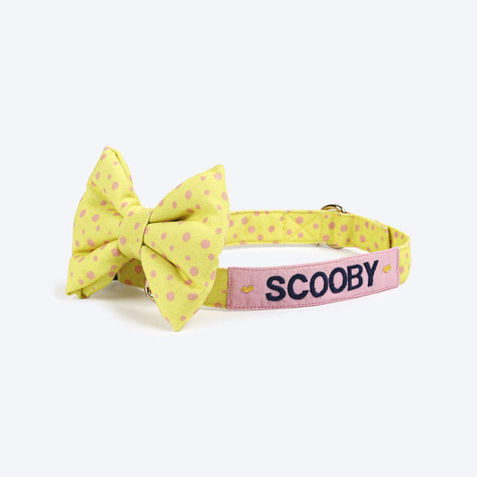 HUFT Personalised Yellow Polka Splash Fabric Collar With Free Bow Tie For Dogs - Heads Up For Tails