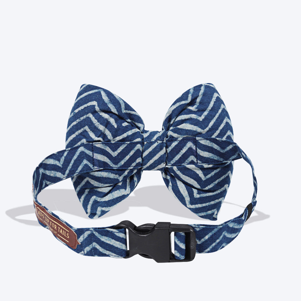 HUFT The Indian Collective Zig Zag Indigo Print Dog Bow Tie with Collar - Heads Up For Tails
