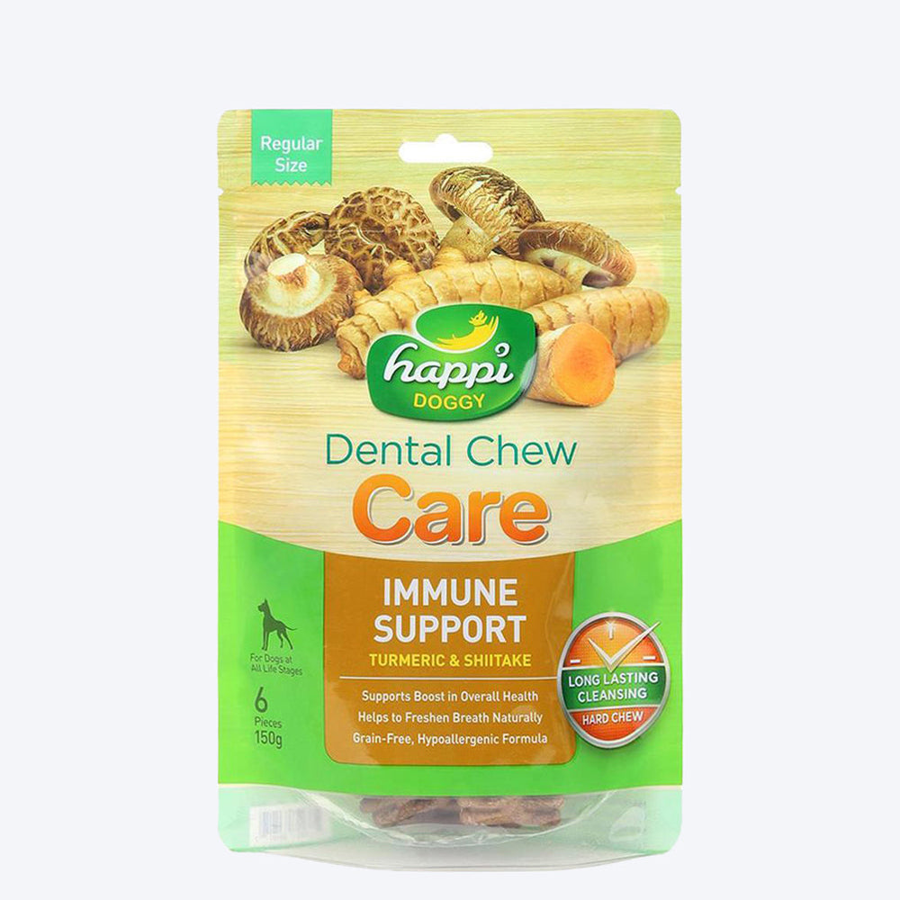 Happi Doggy Dental Chew Care (Immune Support )- Turmeric & Shiitake - Regular 4 inch - 150 g - 6 pieces - Heads Up For Tails