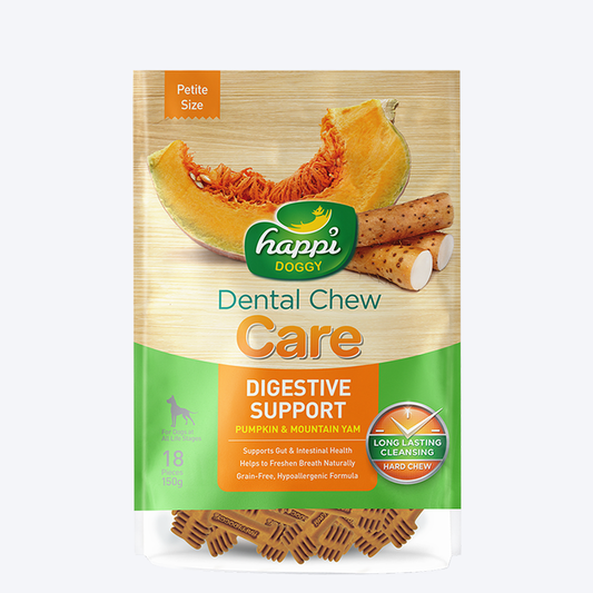 Happi Doggy Vegetarian Dental Chew - Care (Digestive Support) - Pumpkin & Mountain Yam - Petite - 2.5 inch -150 g - 18 Pieces - Heads Up For Tails