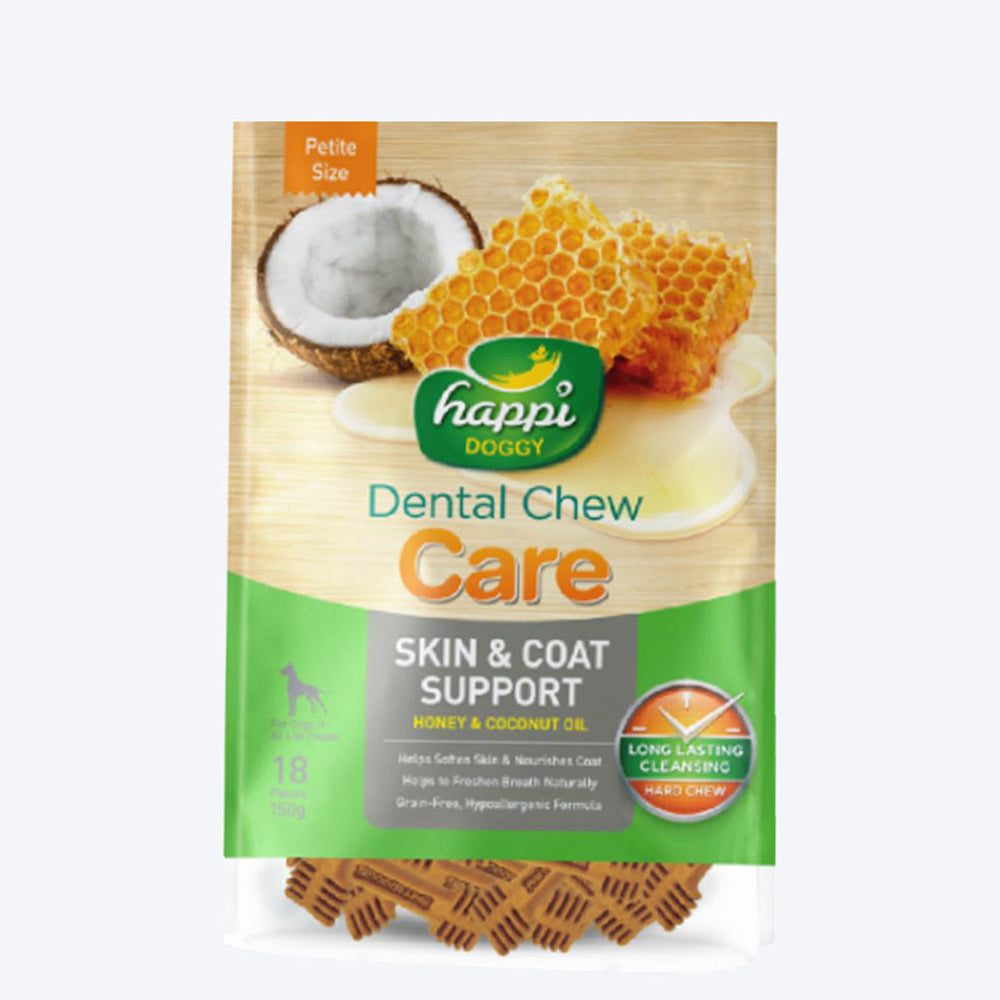 Happi Doggy Vegetarian Dental Chew - Care (Skin and Coat Support) - Honey & Coconut Oil - Petite - 2.5 inch - 150 g - 18 Pieces - Heads Up For Tails
