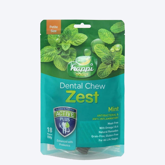 Happi Doggy Vegetarian Dental Chew - Zest - Mint - Petite - 2.5 inch - 150 g - 18 Pieces - Heads Up For Tails