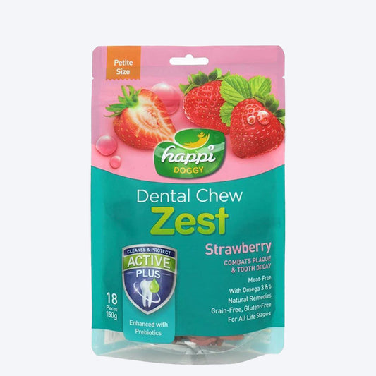 Happi Doggy Vegetarian Dental Chew - Zest - Strawberry Petite - 2.5 inch - 150 g - 18 Pieces - Heads Up For Tails