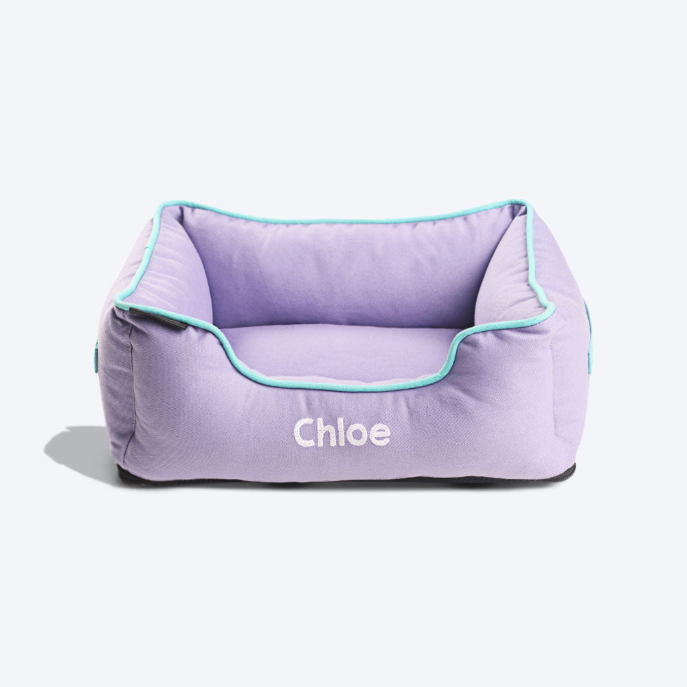 HUFT Personalised Lounger Dog Bed (Free Bone Cushion) - Lilac with Turquoise Piping_02