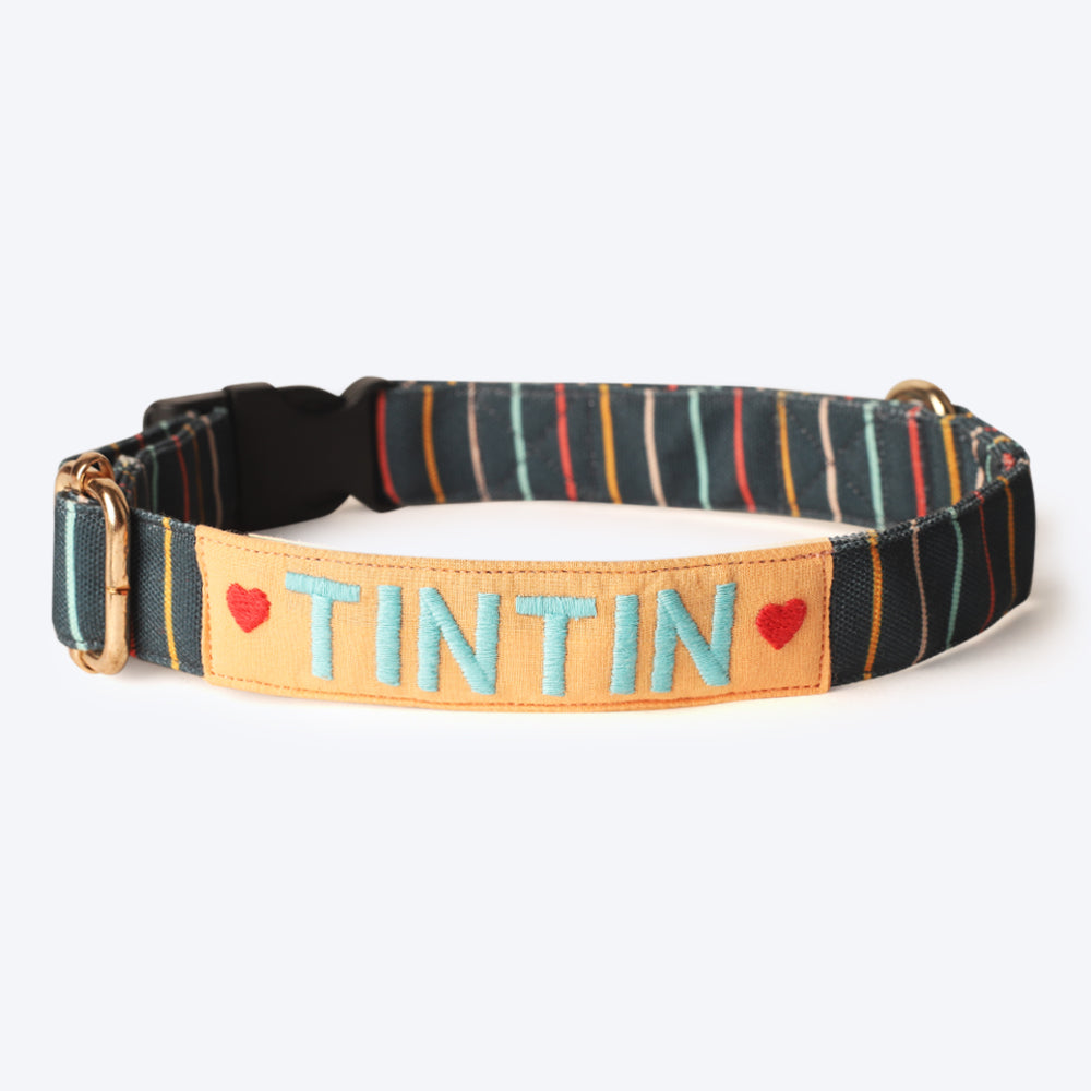 HUFT Personalised Sunny Stripes Fabric Collar With Free Bow Tie For Dogs - Heads Up For Tails