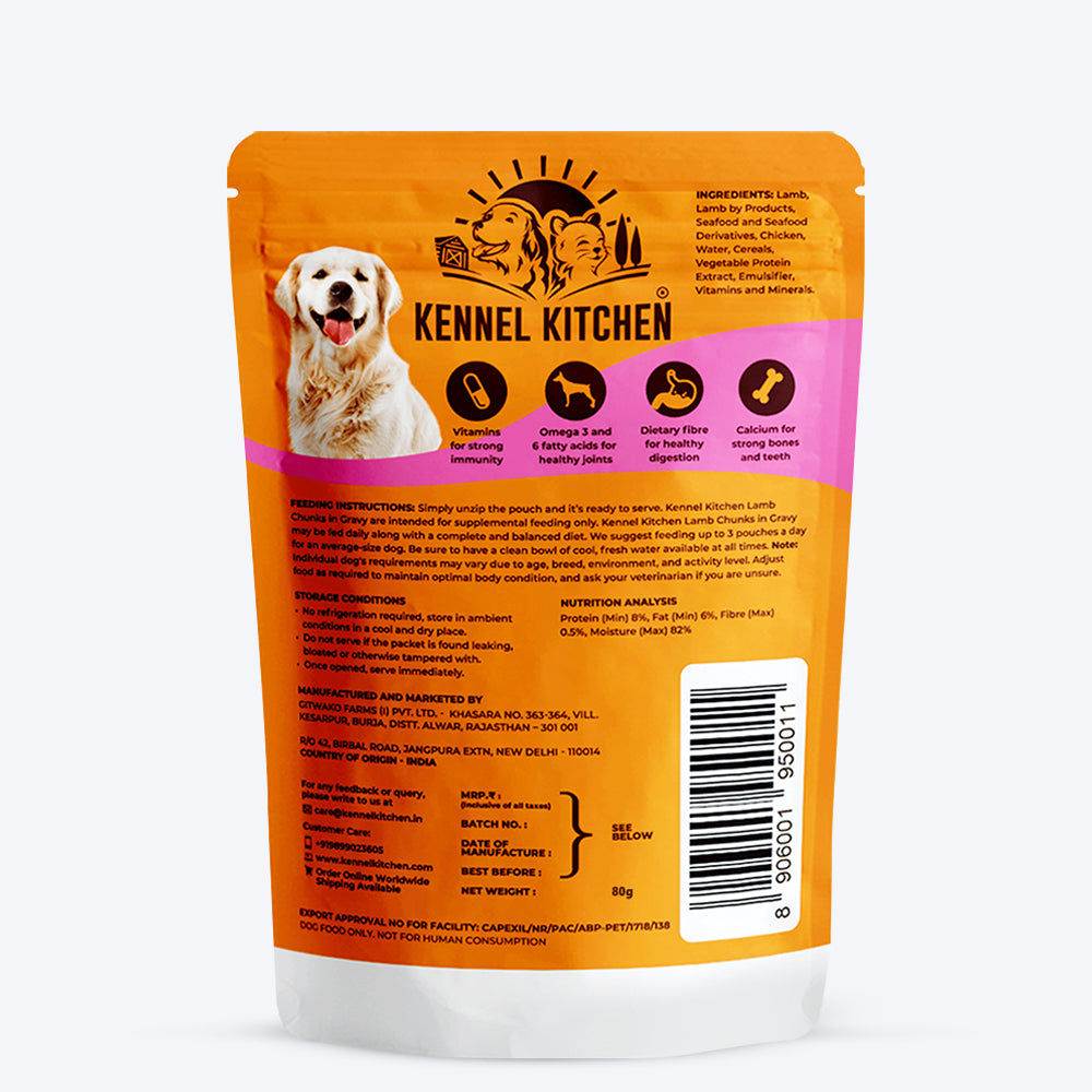 Kennel Kitchen (All Breeds & Ages) Lamb Chunks in Gravy Wet Dog Food - 80 g Packs - Heads Up For Tails