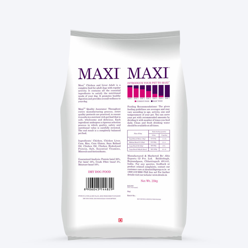 Maxi Chicken And Liver Adult Dry Dog Food - 20 kg - Heads Up For Tails