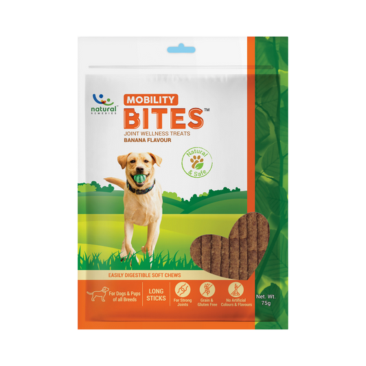 Natural Remedies Mobility Bites Joint Wellness Health Treat for Dogs and Puppies - Banana Flavour - 75gm - Heads Up For Tails