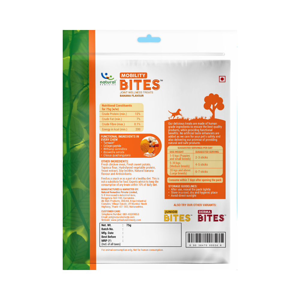 Natural Remedies Mobility Bites Joint Wellness Health Treat for Dogs and Puppies - Banana Flavour - 75gm - Heads Up For Tails