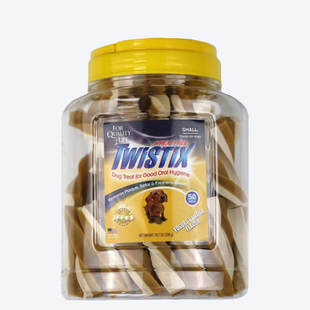 NPIC Twistix Yogurt Banana Dog Treats - Small - 500 g Canister (50 sticks) - Heads Up For Tails