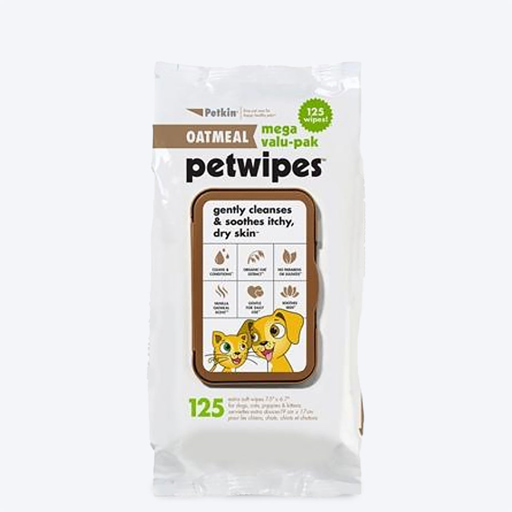 PetKin Oatmeal Dog & Cat Wipes Value Pack - 125 Pcs - Heads Up For Tails