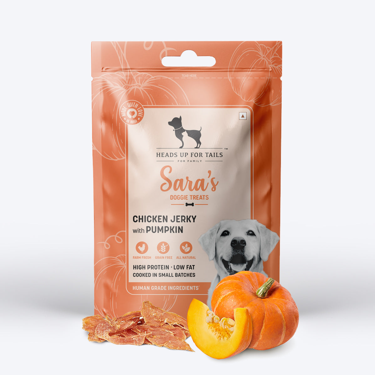 Sara's Chicken Jerky with Pumpkin Dog Treats Grain-Free - 70g, Human-Grade, Grain-Free, Digestive Support