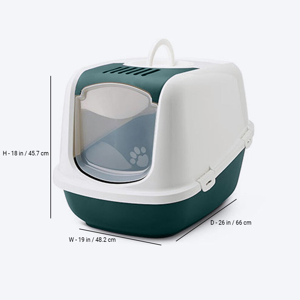 Savic Nestor Jumbo Cat Toilet - White and Nordic Green - 26 x 19 x 18 inch - Heads Up For Tails