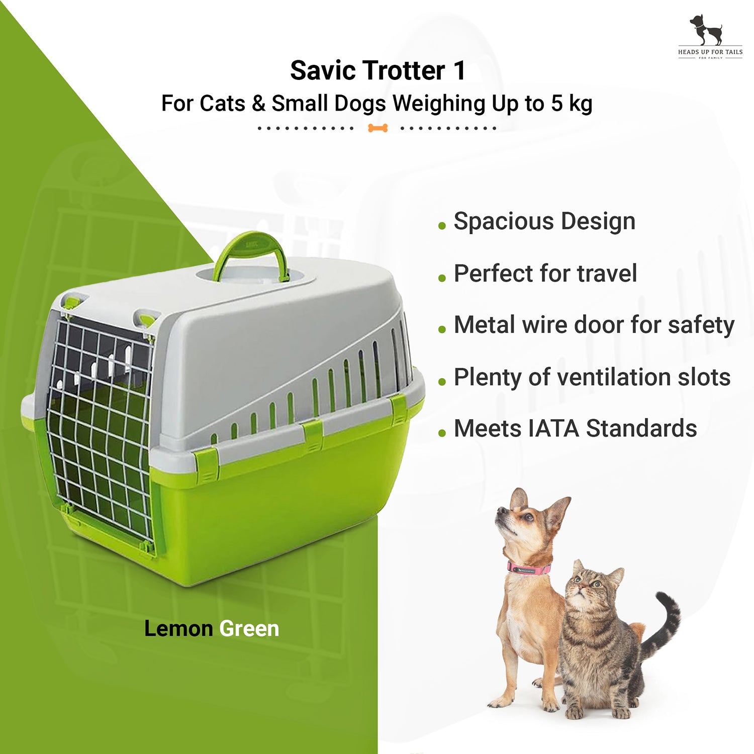 Savic Trotter 1 - Dog & Cat Carrier - Lemon Green - 19 x 13 x 12 inch - Holds up to 5 kg - Heads Up For Tails