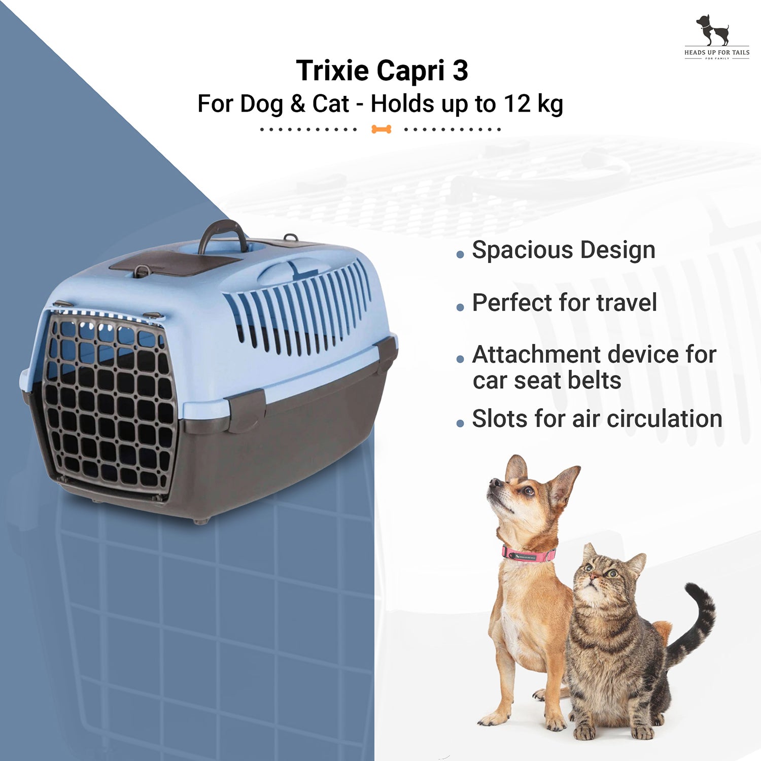 Trixie Capri 3 Dog & Cat Carrier - 24 X 16 X 15 inch - Holds up to 12 kg - Heads Up For Tails