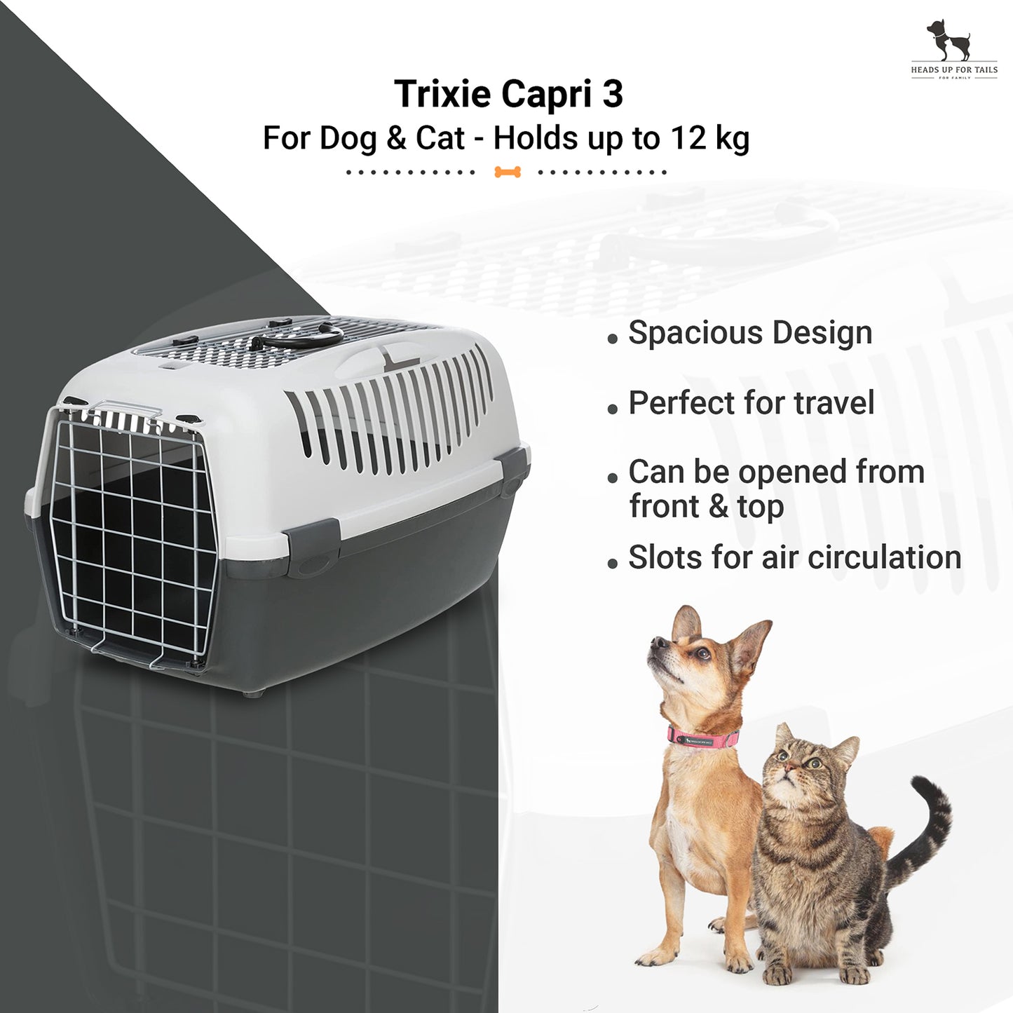 Trixie Capri 3 Open Top Pets Carrier - Grey - 24 X 16 X 15 Inch - Holds up to 12 kg - Heads Up For Tails
