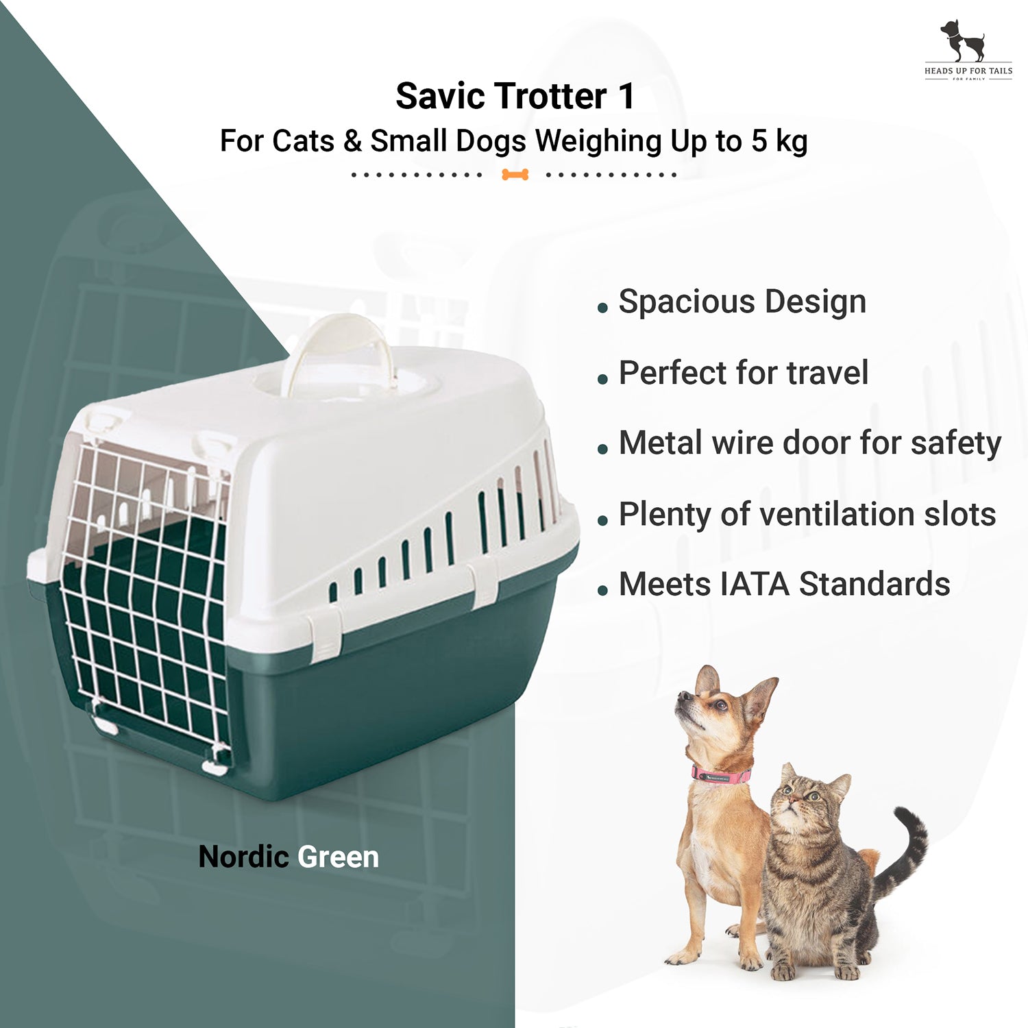 Savic Trotter 1 - Dog & Cat Carrier - Nordic Green - 19  x 13 x 12 inch - Holds up to 5 kg - Heads Up For Tails