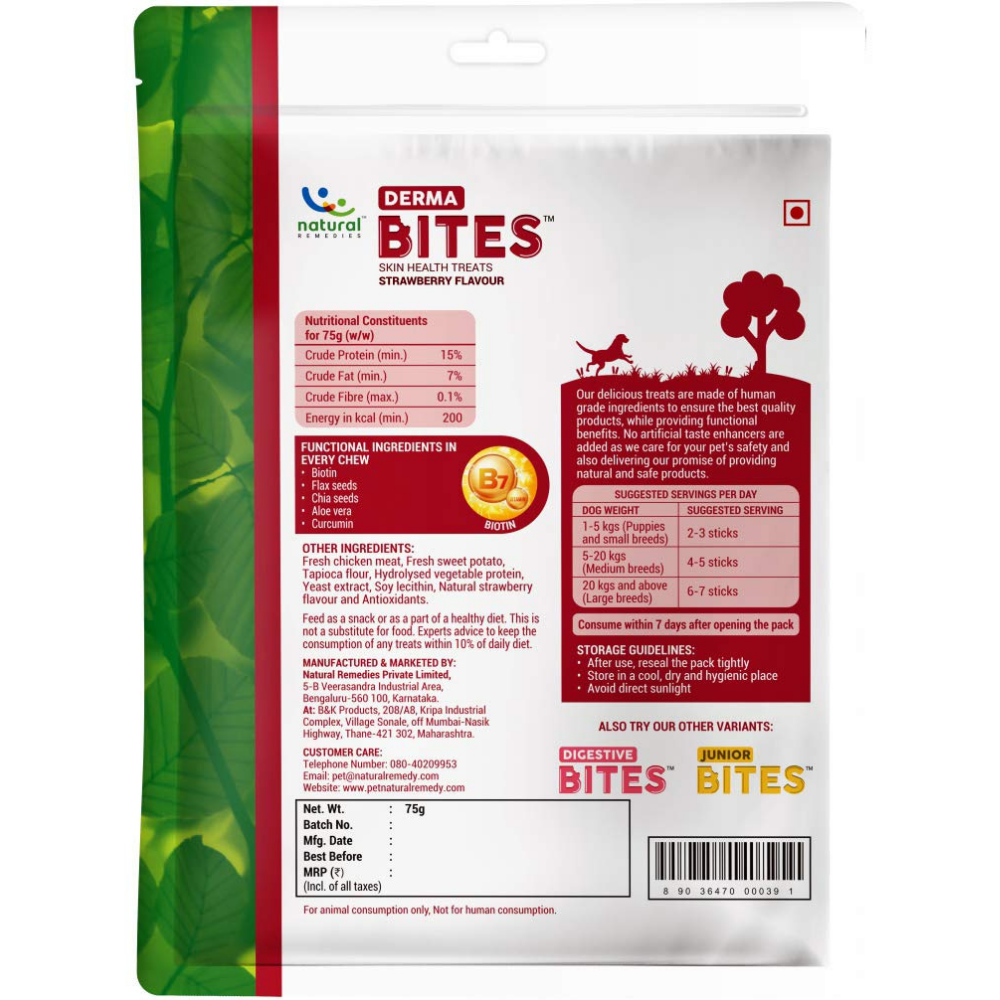 Natural Remedies Derma Bites Skin Health Treat for Dogs and Puppies - Strawberry Flavour - 75gm - Heads Up For Tails