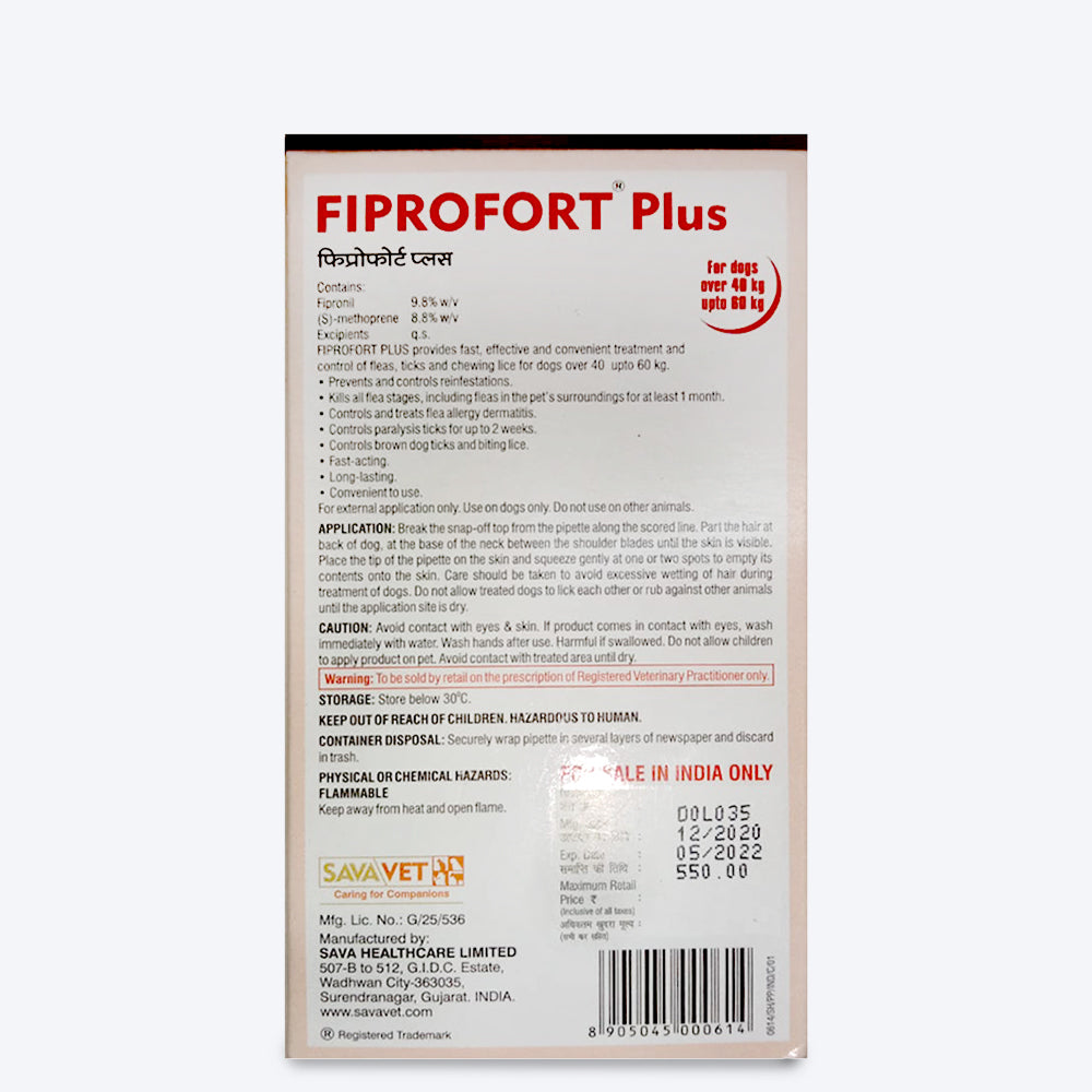 Fiprofort Plus Spot- Ticks & Fleas Solution for Dogs (40-60 kg) - Heads Up For Tails