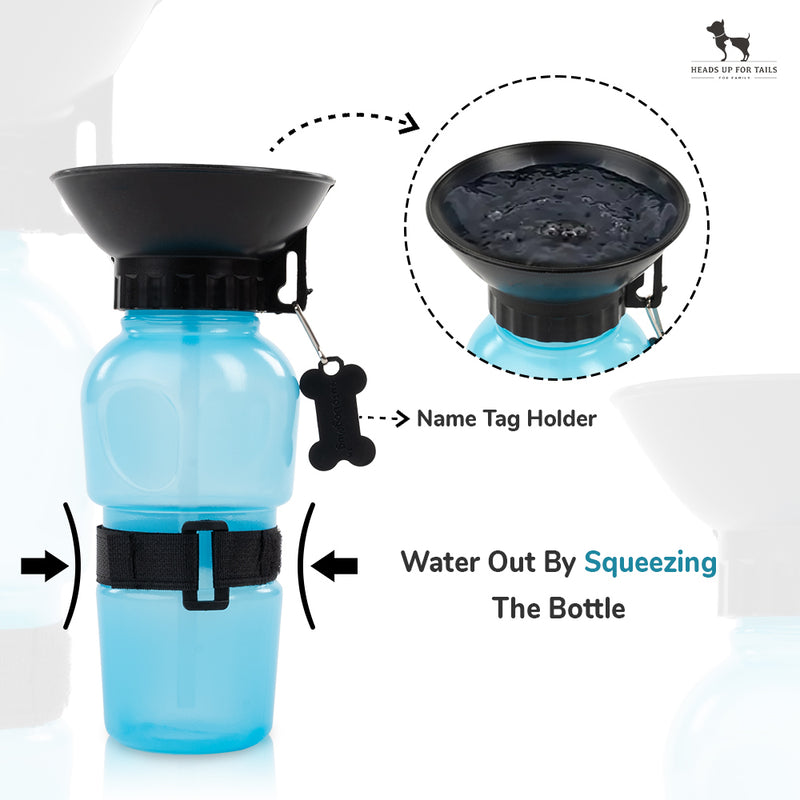 Wonderwoof Portable Water Bottle For Pets - Aqua Dog (Blue) - 500ml - Heads Up For Tails