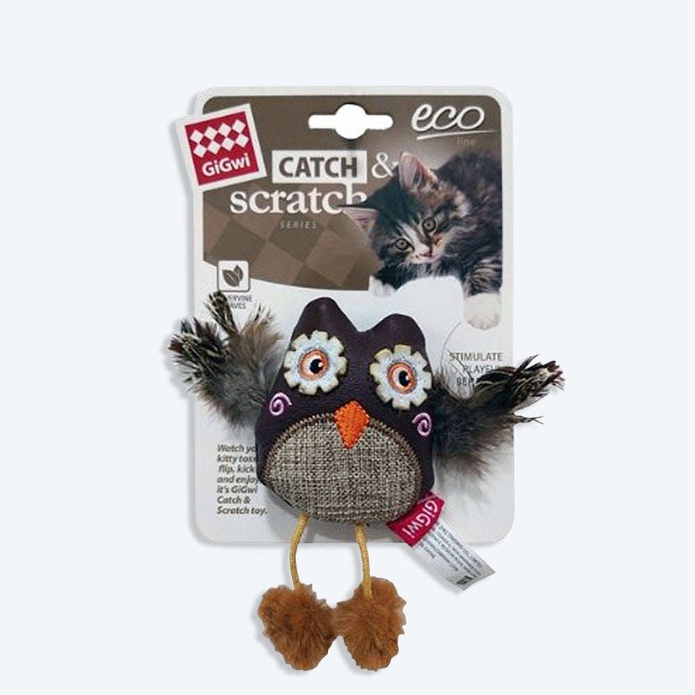 GiGwi Owl Catch And Scratch Ecoline With Silvervine Leaves And Leatherette Cat Toy - Heads Up For Tails