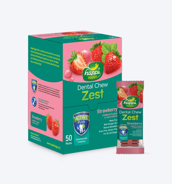 Happi Doggy Vegetarian Dental Chew - Zest - Strawberry (Singles) - Regular - 4 inch - 25 g - Heads Up For Tails