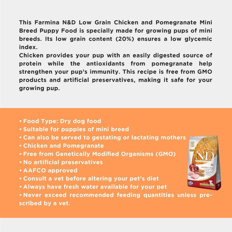 Farmina N&D Low Grain Mini Breed Dry Puppy Food - Chicken & Pomegranate3