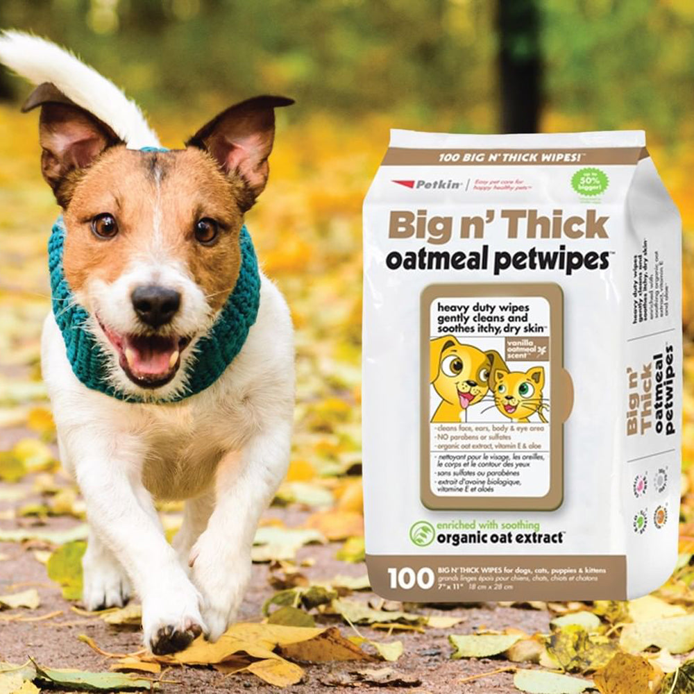 Petkin Big n' Thick Oatmeal Pet Wipes For Dogs & Cats - 100 Pieces - Heads Up For Tails