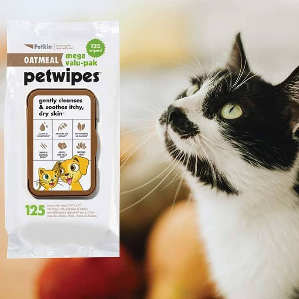 PetKin Oatmeal Dog & Cat Wipes Value Pack - 125 Pcs - Heads Up For Tails