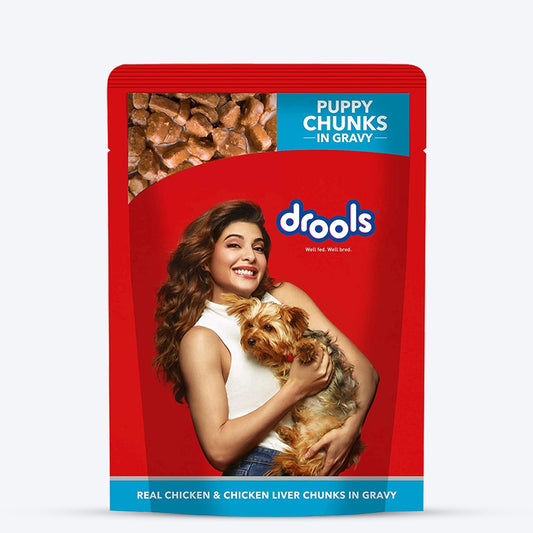 Drools Real Chicken and Chicken Liver Chunks in Gravy Puppy Wet Dog Food - 150g packs - Heads Up For Tails
